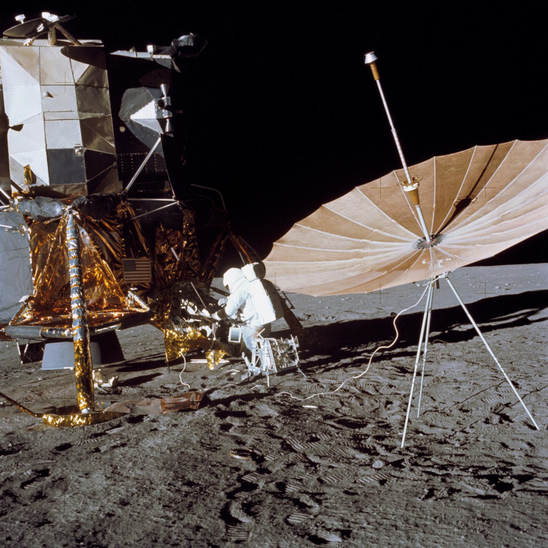 An image of Conrad on the lunar surface during Apollo 12, working near the Lunar Module