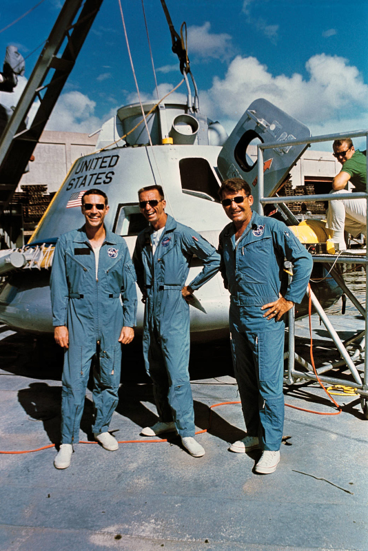 The Apollo 7 crew poses for a group photo during training in 1968