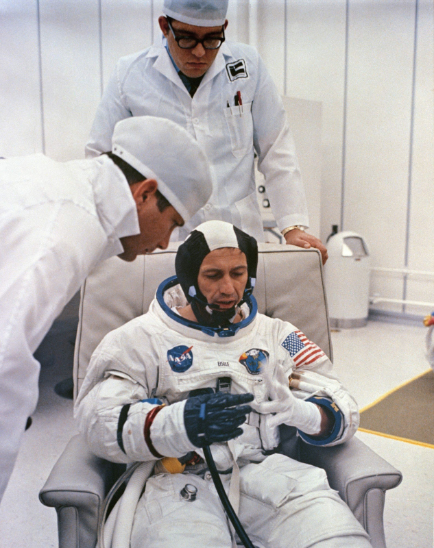 Donn Eisele is photgraphed during suiting up procedures prior to launch on Apollo 7