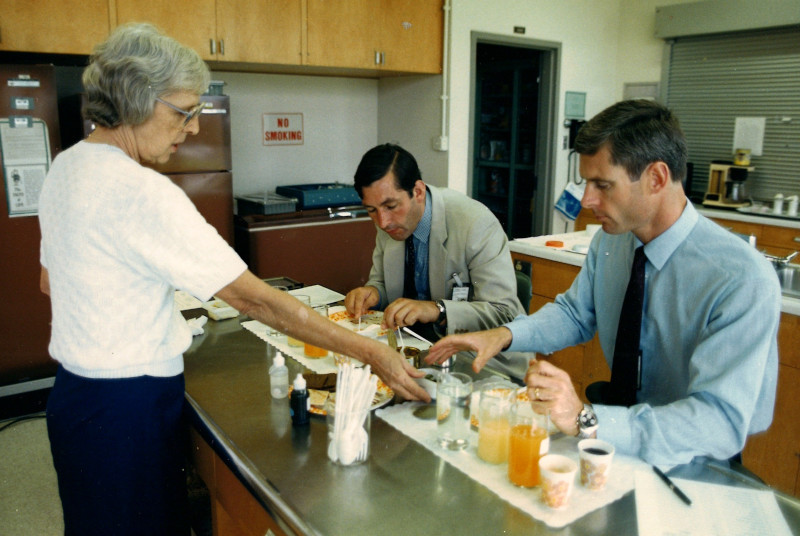UK Skynet PS candidates Farrimond and Wood sampling possible food selections for the mission in NASA's Life Sciences Lab at Johnson Space Center, Houston