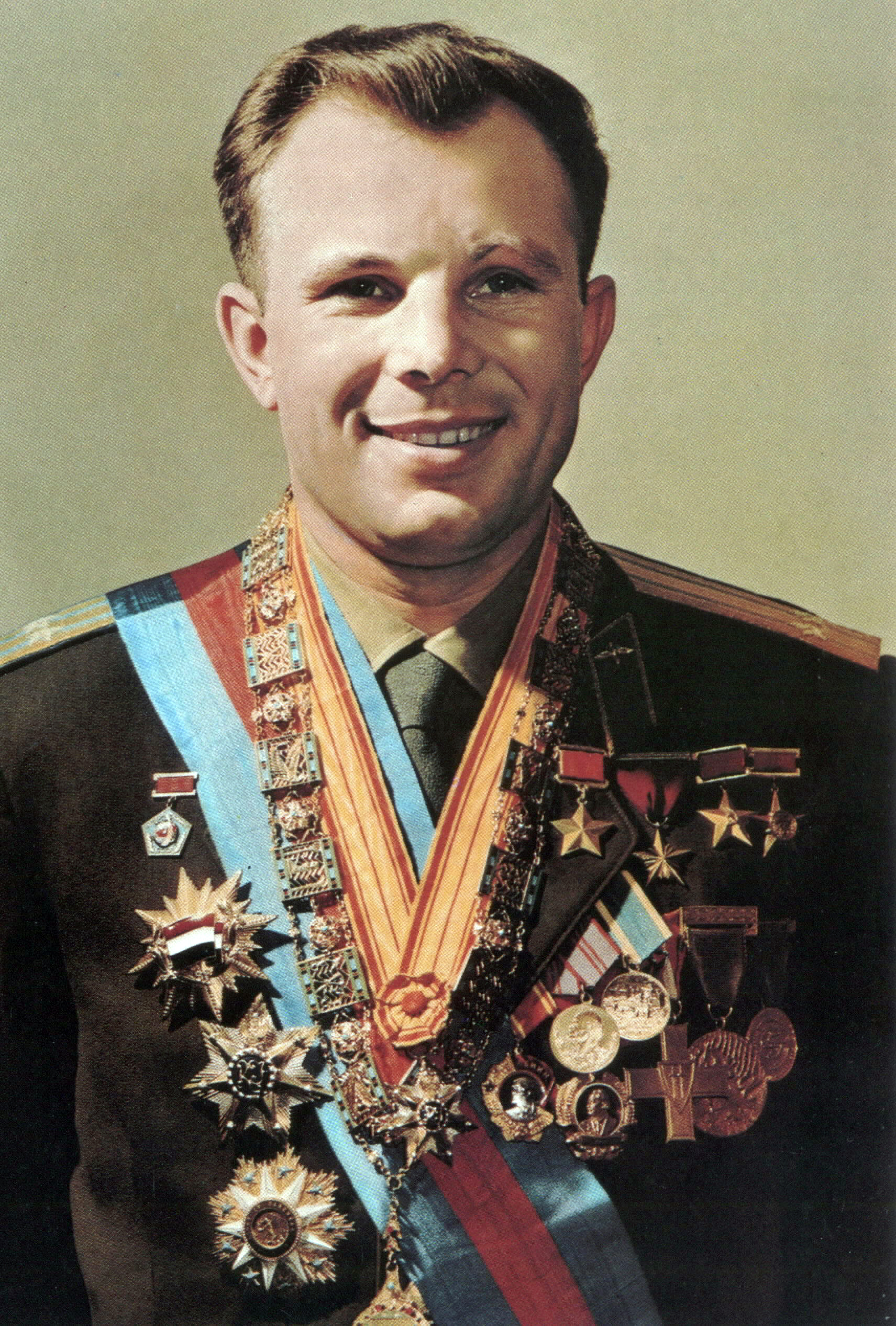 Official portrait of Yuri Gagarin wearing his medals and awards