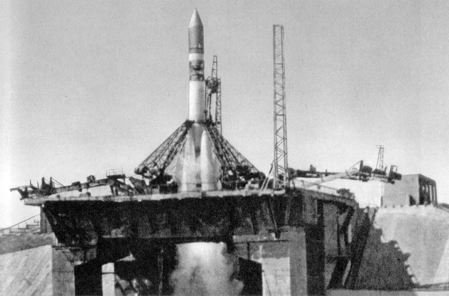 The R-7 rocket lifts-off from the launch pad, carrying the first human to venture into space