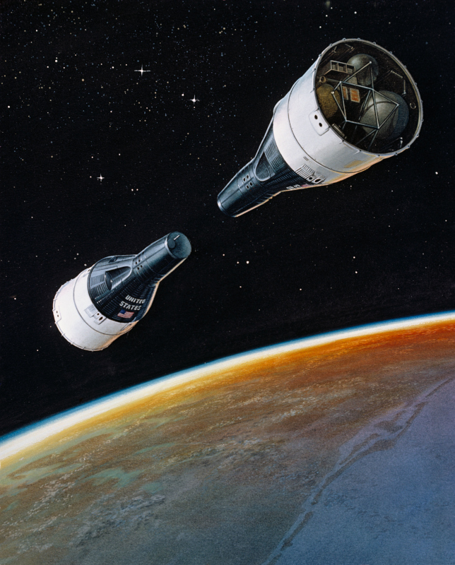 Artist's impression of the revised Gemini 6 mission's rendezvous with Gemini 7