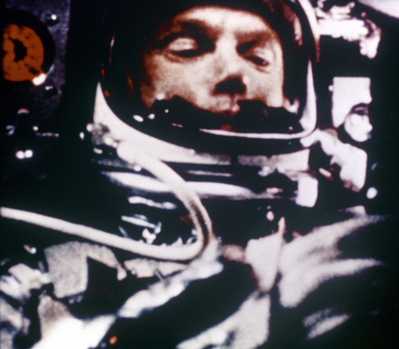An in-flight close-up of Glenn during the first orbit of his Mercury 6 mission
