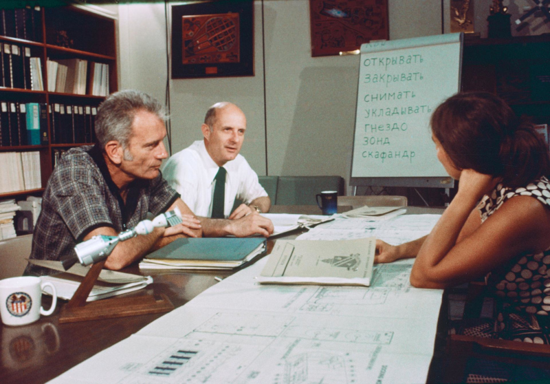 Slayton and Tom Stafford are seen in the classroom attending Russian language classes