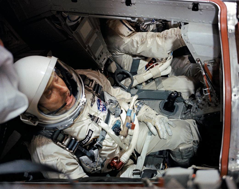 Stafford seated in the Gemini 6 spacecraft shortly before launch